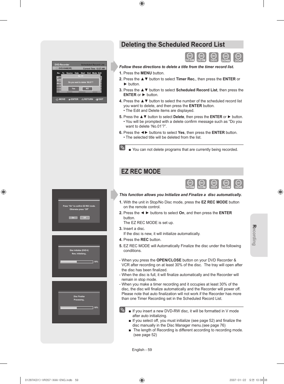 Deleting the scheduled record list, Ez rec mode, Recording | Samsung DVD-VR357-XAA User Manual | Page 59 / 89