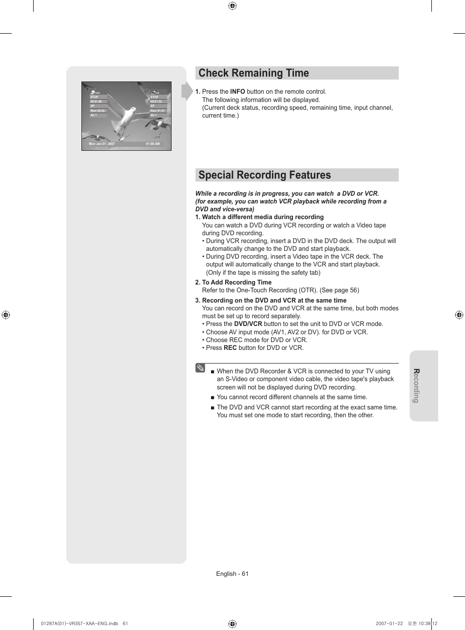 Check remaining time, Special recording features | Samsung DVD-VR357-XAA User Manual | Page 61 / 89