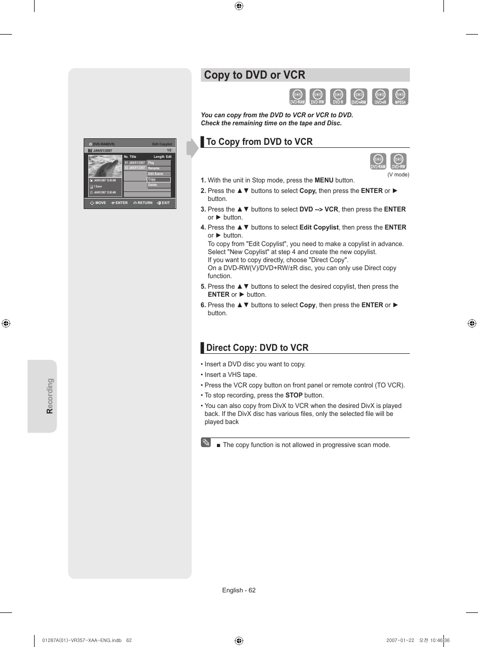 Copy to dvd or vcr, Direct copy: dvd to vcr, Recording | Samsung DVD-VR357-XAA User Manual | Page 62 / 89