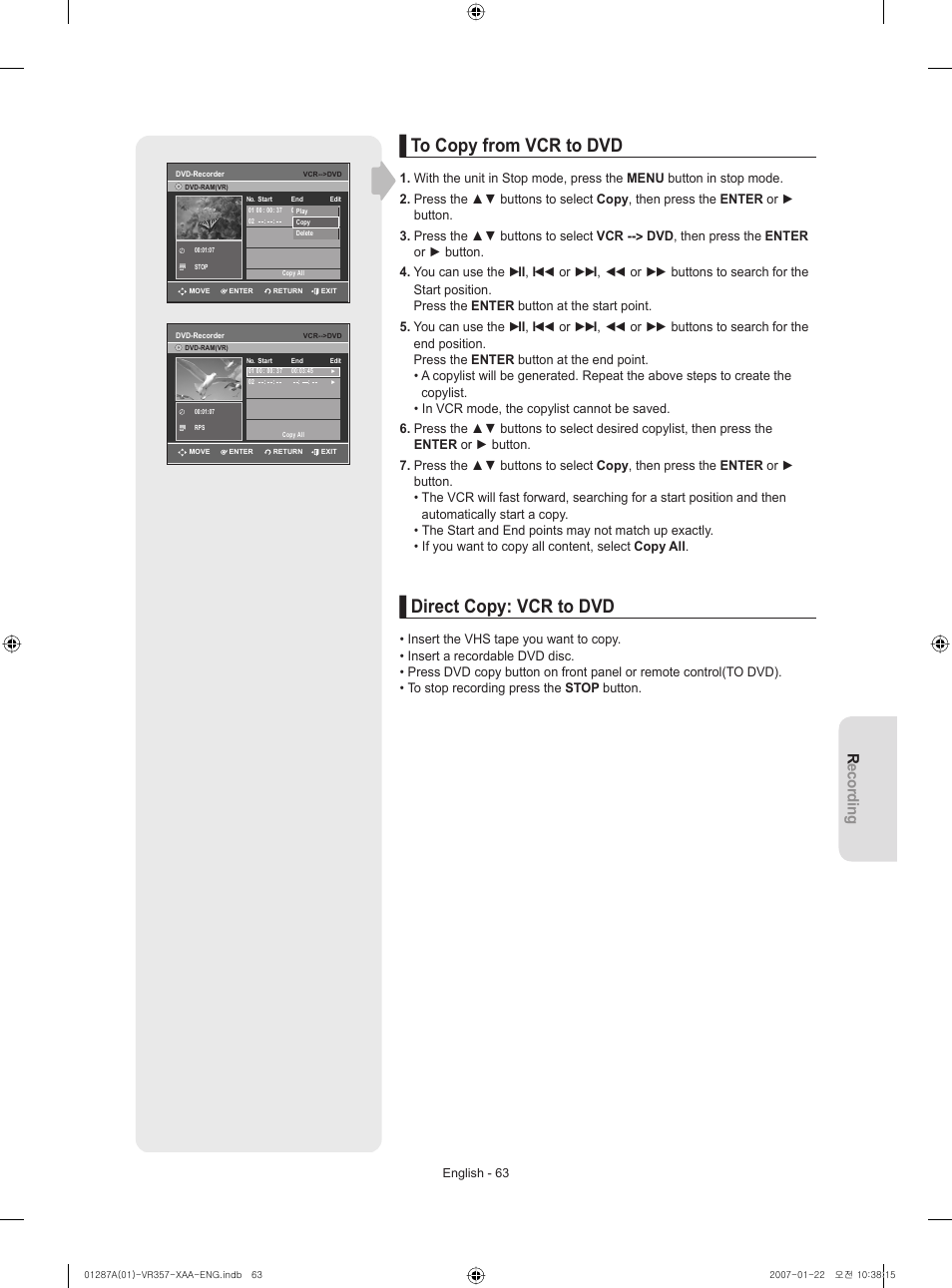 Direct copy: vcr to dvd, Recording | Samsung DVD-VR357-XAA User Manual | Page 63 / 89