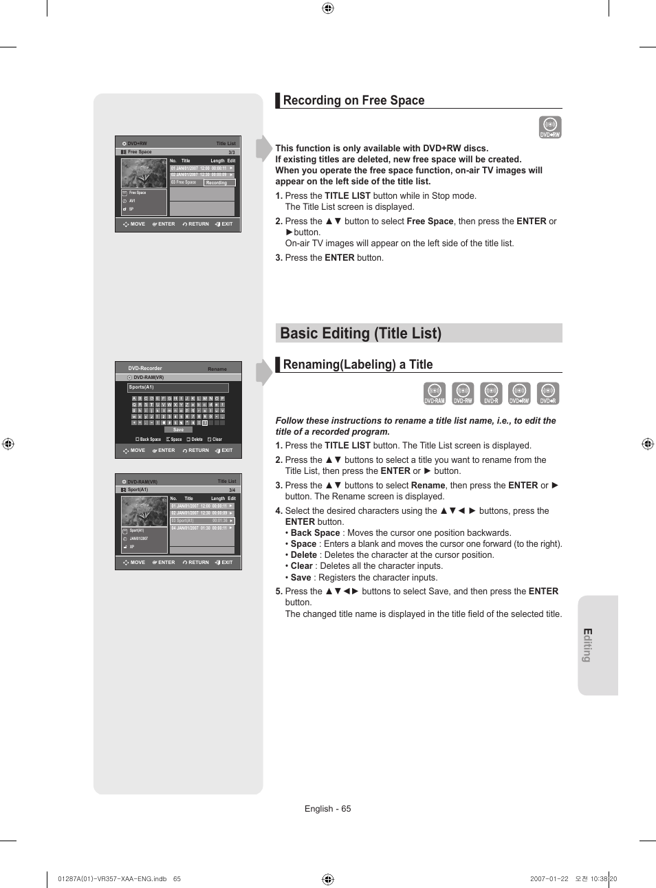 Basic editing (title list), Renaming(labeling) a title, Recording on free space | Editing | Samsung DVD-VR357-XAA User Manual | Page 65 / 89