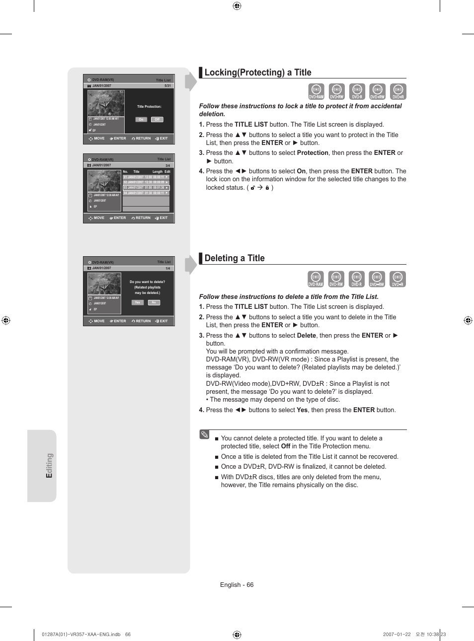 Locking(protecting) a title, Deleting a title, Editing | Samsung DVD-VR357-XAA User Manual | Page 66 / 89
