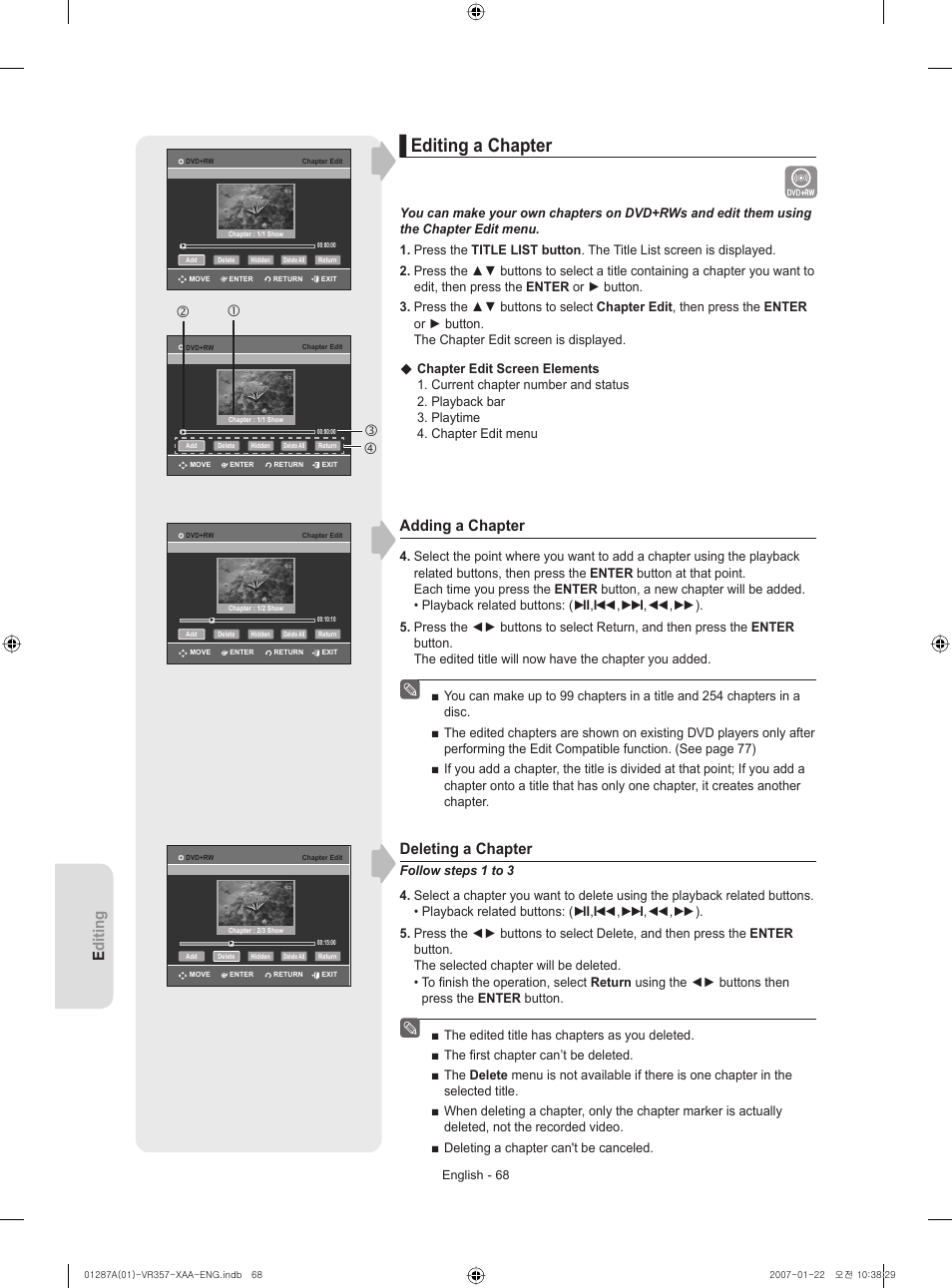 Editing a chapter, Editing, Adding a chapter | Deleting a chapter | Samsung DVD-VR357-XAA User Manual | Page 68 / 89