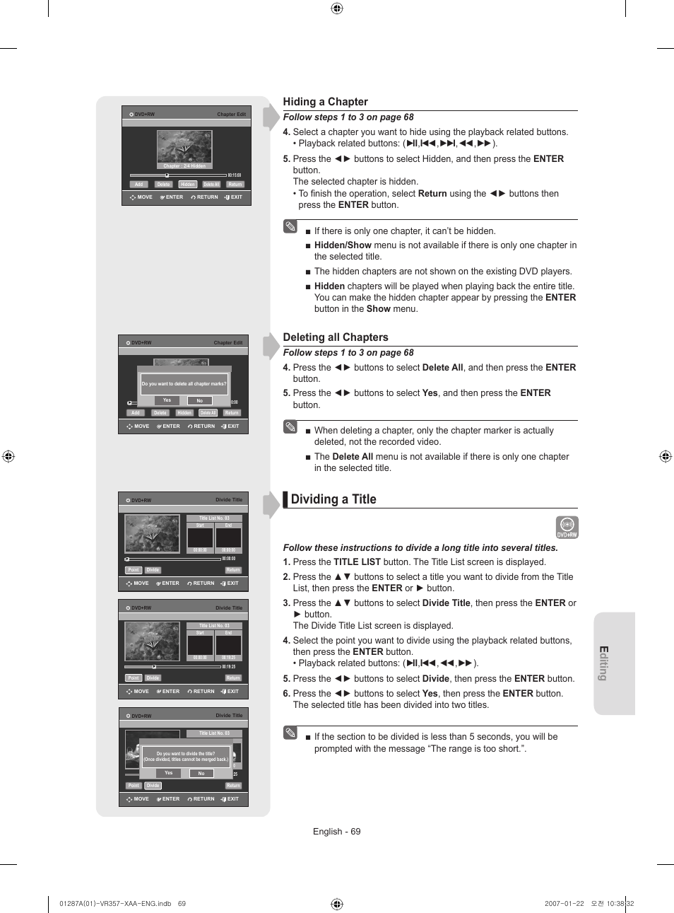 Dividing a title, Editing, Hiding a chapter | Deleting all chapters | Samsung DVD-VR357-XAA User Manual | Page 69 / 89
