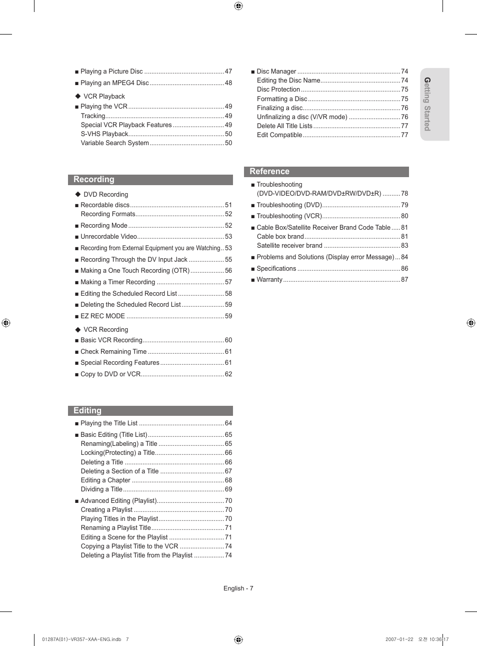 Recording, Editing, Reference | Samsung DVD-VR357-XAA User Manual | Page 7 / 89