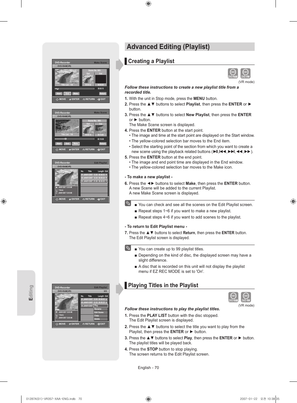 Advanced editing (playlist), Creating a playlist, Playing titles in the playlist | Editing | Samsung DVD-VR357-XAA User Manual | Page 70 / 89