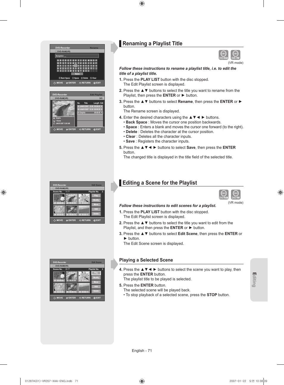 Renaming a playlist title, Editing a scene for the playlist, Editing | Playing a selected scene | Samsung DVD-VR357-XAA User Manual | Page 71 / 89