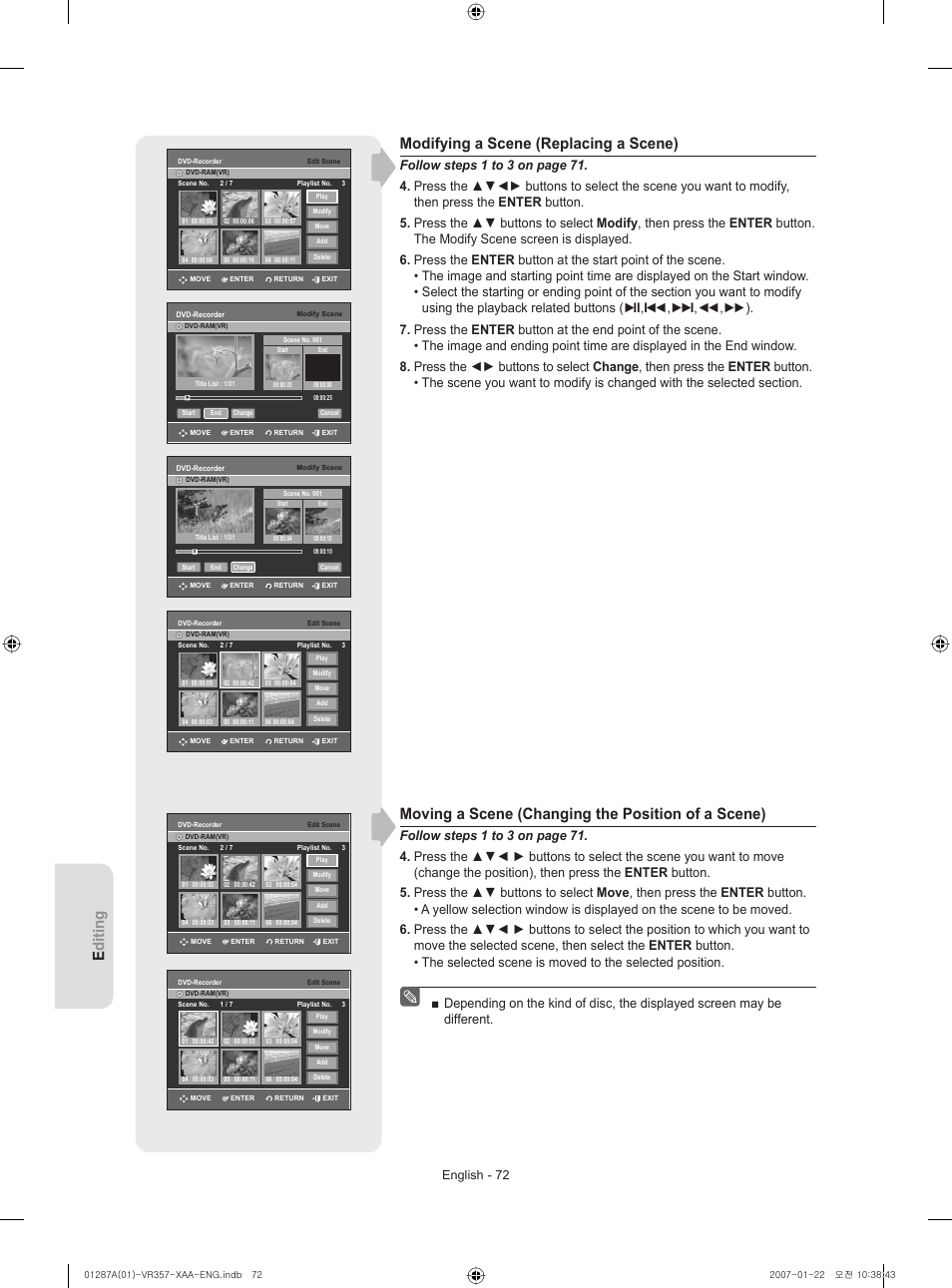 Editing, Modifying a scene (replacing a scene), Moving a scene (changing the position of a scene) | English - 72 | Samsung DVD-VR357-XAA User Manual | Page 72 / 89