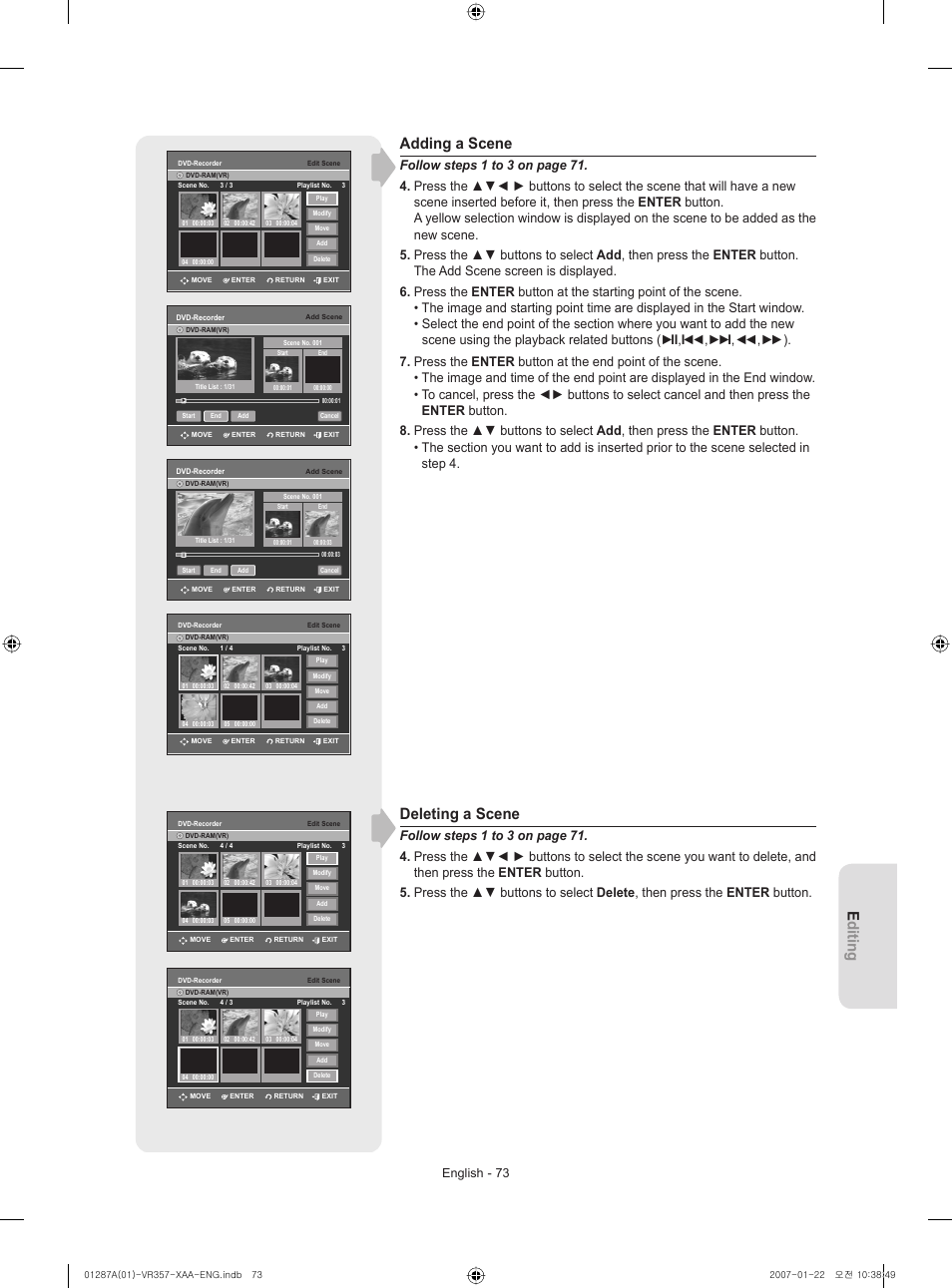Editing, Adding a scene, Deleting a scene | English - 73 | Samsung DVD-VR357-XAA User Manual | Page 73 / 89