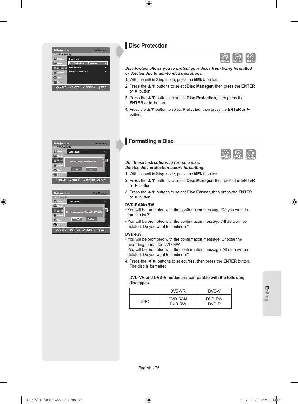 Disc protection, Formatting a disc, Editing | Samsung DVD-VR357-XAA User Manual | Page 75 / 89