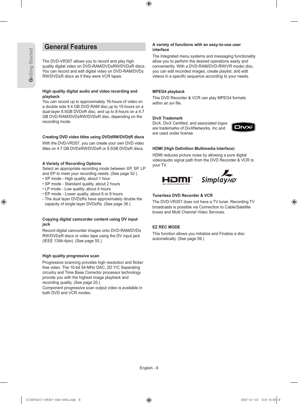 General features | Samsung DVD-VR357-XAA User Manual | Page 8 / 89