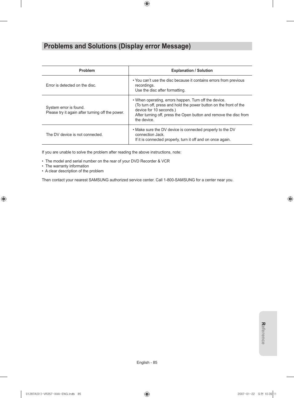 Problems and solutions (display error message) | Samsung DVD-VR357-XAA User Manual | Page 85 / 89