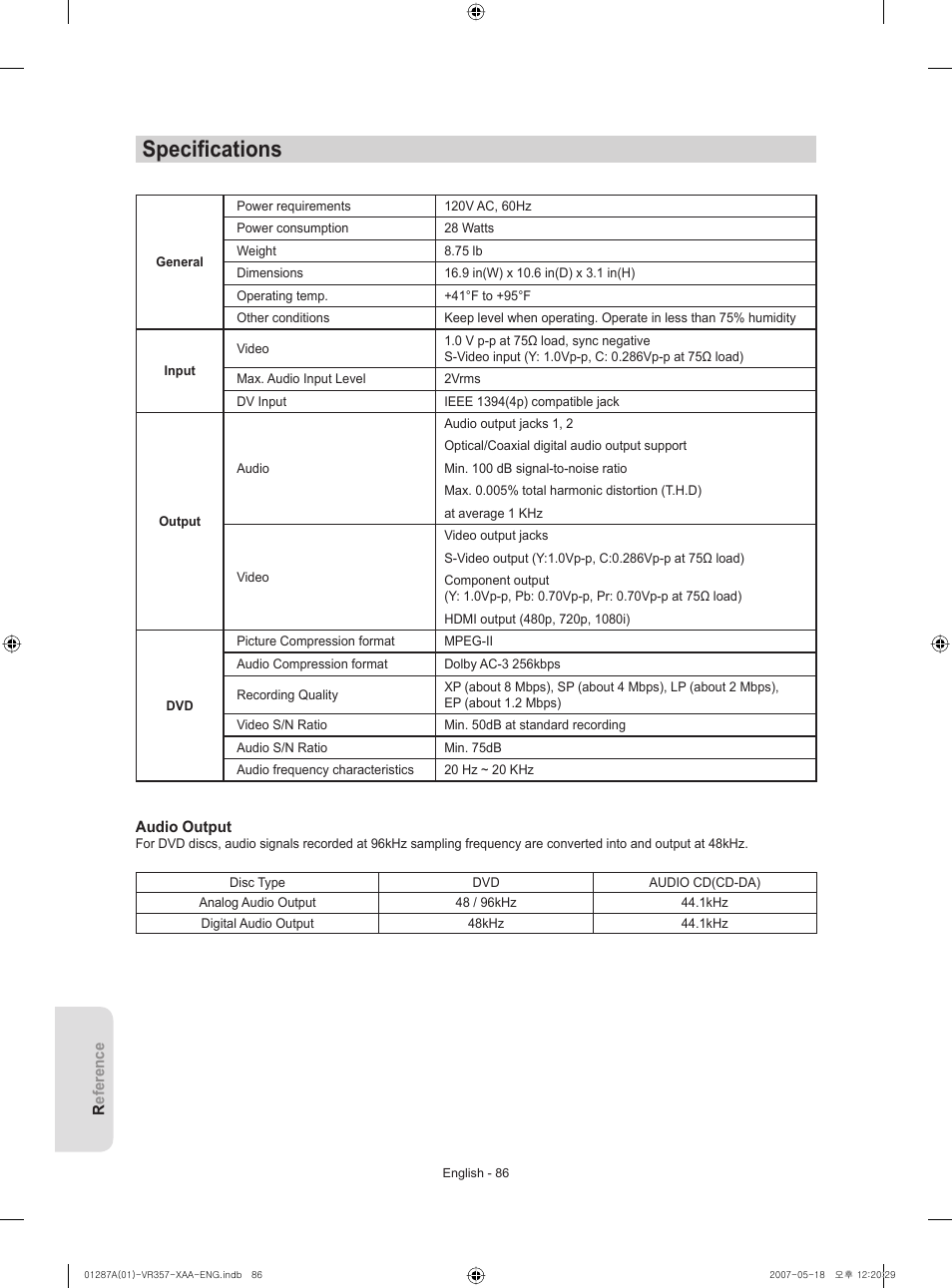 Specifi cations | Samsung DVD-VR357-XAA User Manual | Page 86 / 89