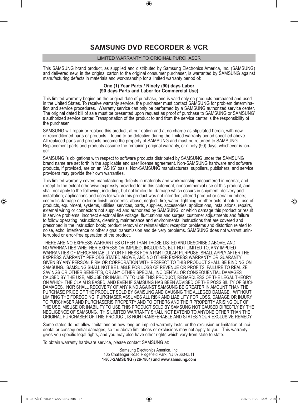 Warranty, Samsung dvd recorder & vcr | Samsung DVD-VR357-XAA User Manual | Page 87 / 89