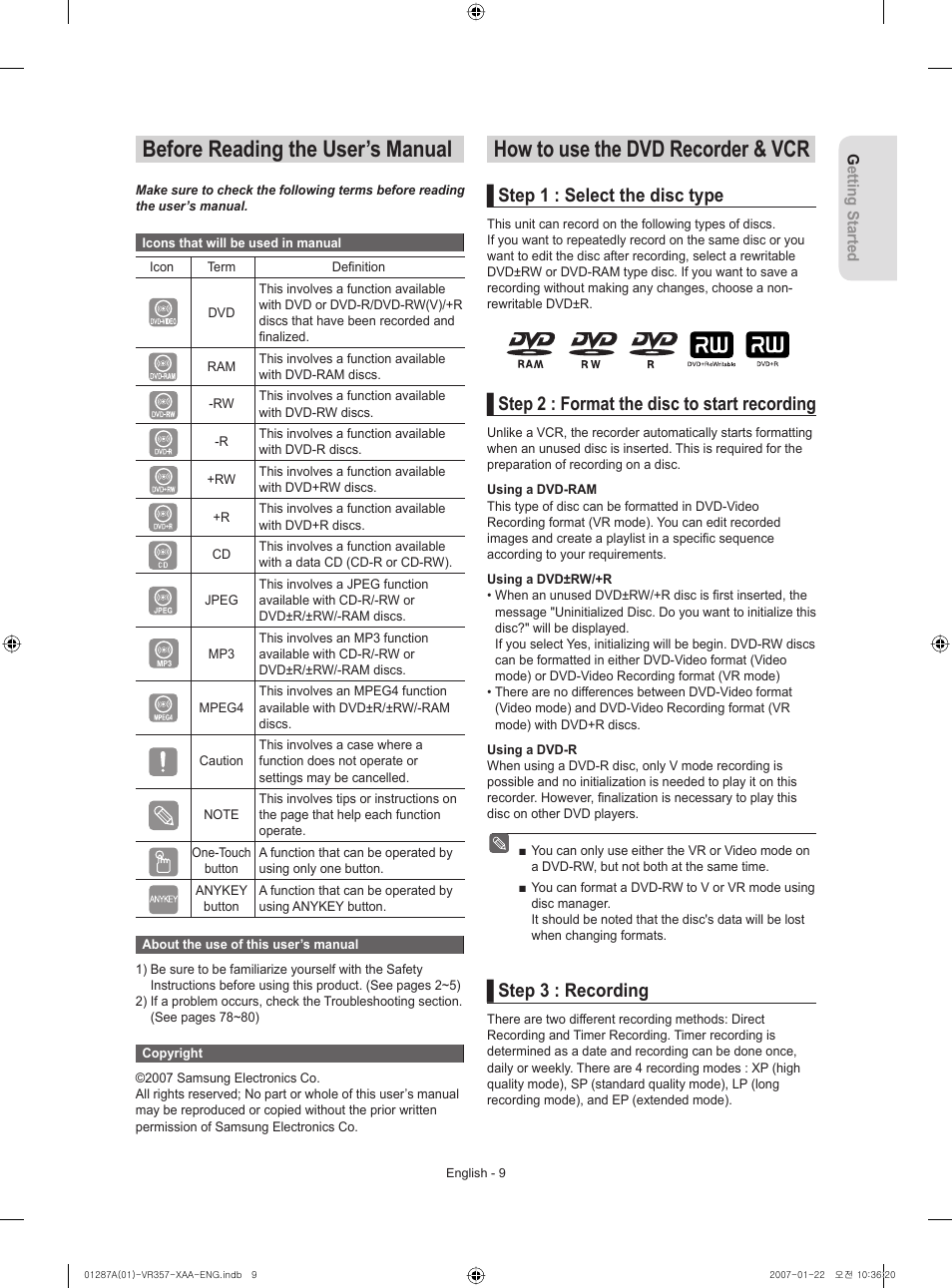 Before reading the user’s manual, How to use the dvd recorder & vcr, Step 1 : select the disc type | Step 2 : format the disc to start recording, Step 3 : recording | Samsung DVD-VR357-XAA User Manual | Page 9 / 89