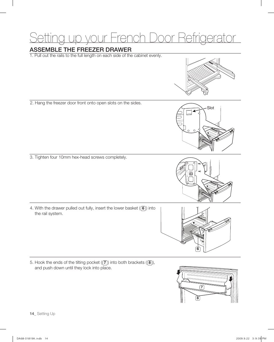 Assemble the frezer drawer, Setting up your french door refrigerator, Assemble the freezer drawer | Samsung RF267ABPN-XAA User Manual | Page 14 / 44