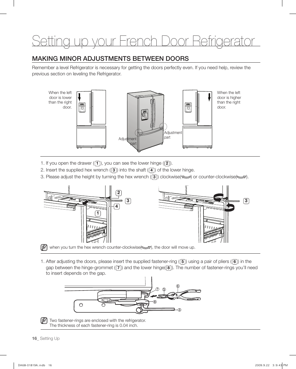 Making minor adjustments between doors, Setting up your french door refrigerator | Samsung RF267ABPN-XAA User Manual | Page 16 / 44