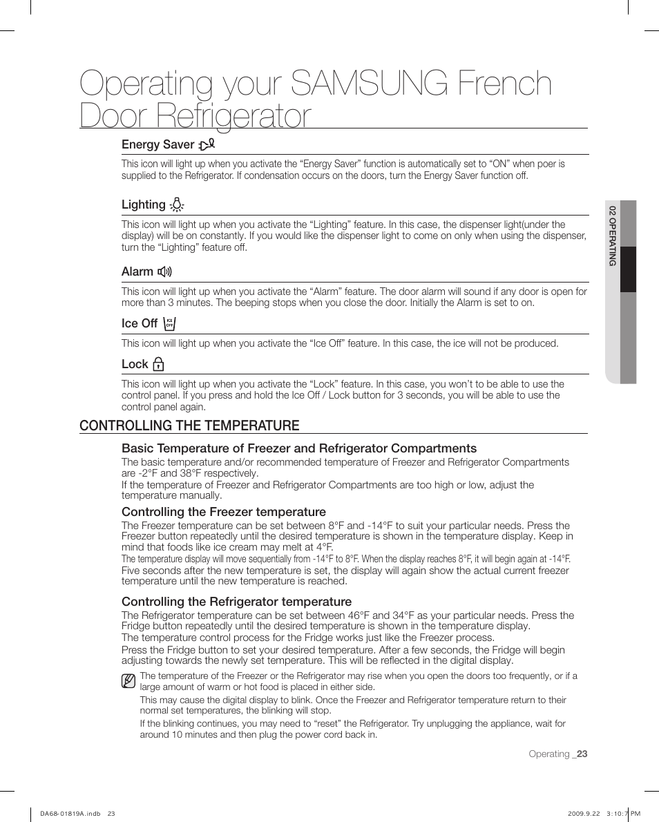 Controlling the temperature, Operating your samsung french door refrigerator | Samsung RF267ABPN-XAA User Manual | Page 23 / 44