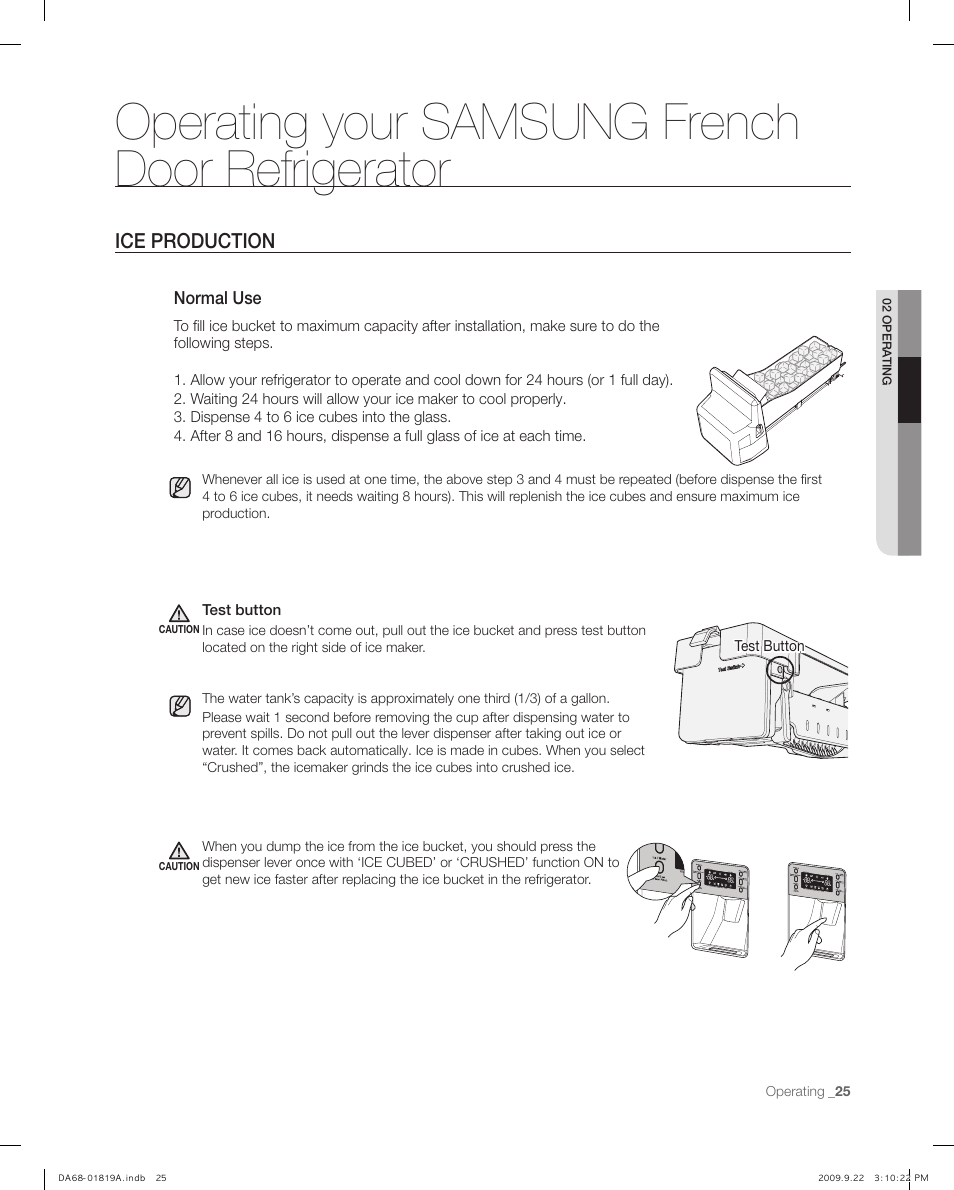 Ice production, Operating your samsung french door refrigerator | Samsung RF267ABPN-XAA User Manual | Page 25 / 44