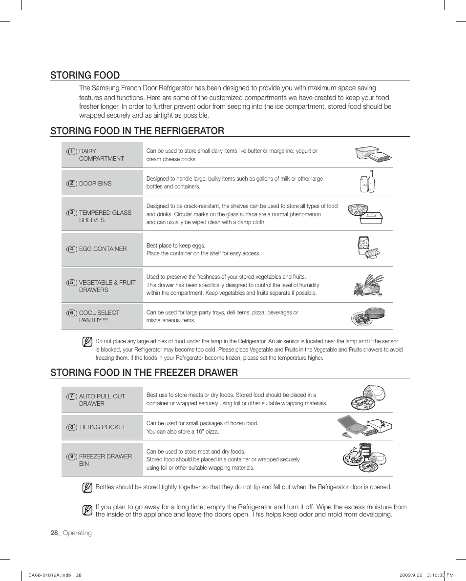 Storing food, Storing food in the refrigerator, Storing food in the frezer drawer | Storing food storing food in the refrigerator, Storing food in the freezer drawer | Samsung RF267ABPN-XAA User Manual | Page 28 / 44