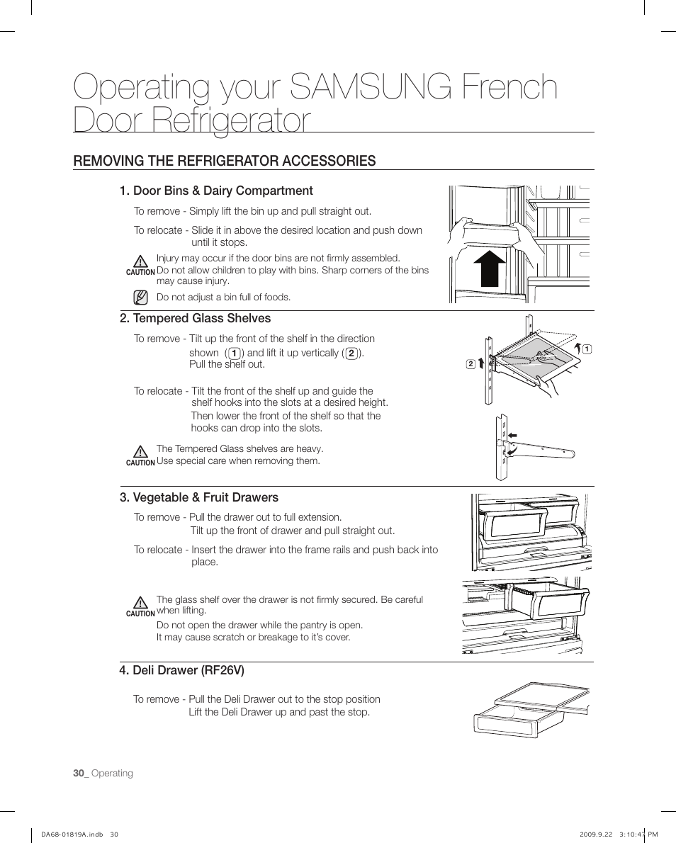 Removing the refrigerator accessories, Operating your samsung french door refrigerator | Samsung RF267ABPN-XAA User Manual | Page 30 / 44