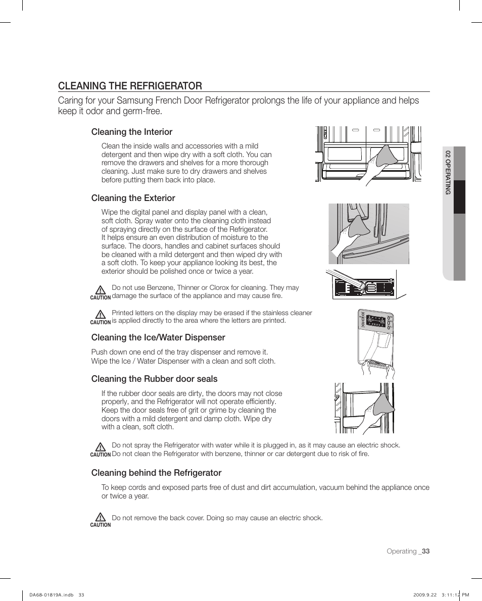 Cleaning the refrigerator, Cleaning the interior, Cleaning the exterior | Cleaning the ice/water dispenser, Cleaning behind the refrigerator, Cleaning the rubber door seals | Samsung RF267ABPN-XAA User Manual | Page 33 / 44