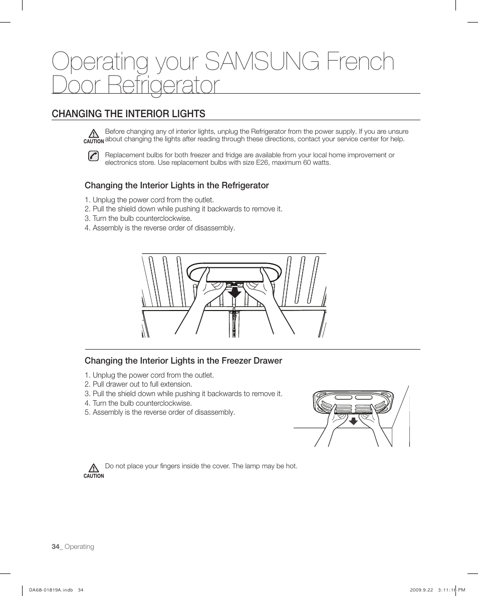 Changing the interior lights, Operating your samsung french door refrigerator | Samsung RF267ABPN-XAA User Manual | Page 34 / 44