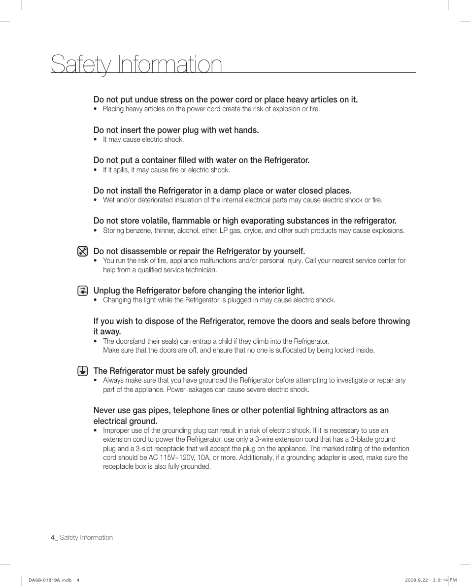 Safety information | Samsung RF267ABPN-XAA User Manual | Page 4 / 44