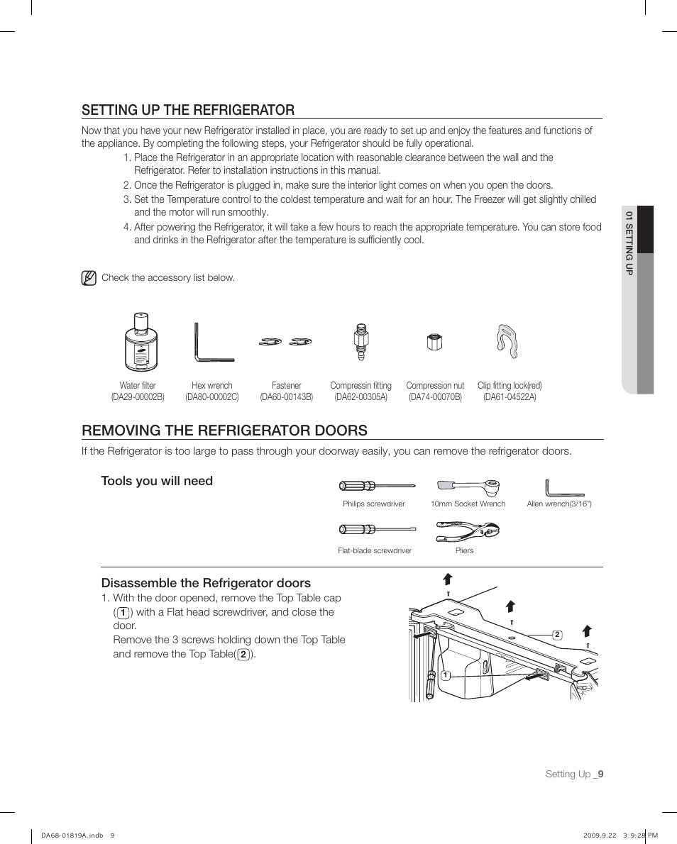 Setting up the refrigerator, Removing the refrigerator doors, Disassemble the refrigerator doors | Tools you will need | Samsung RF267ABPN-XAA User Manual | Page 9 / 44