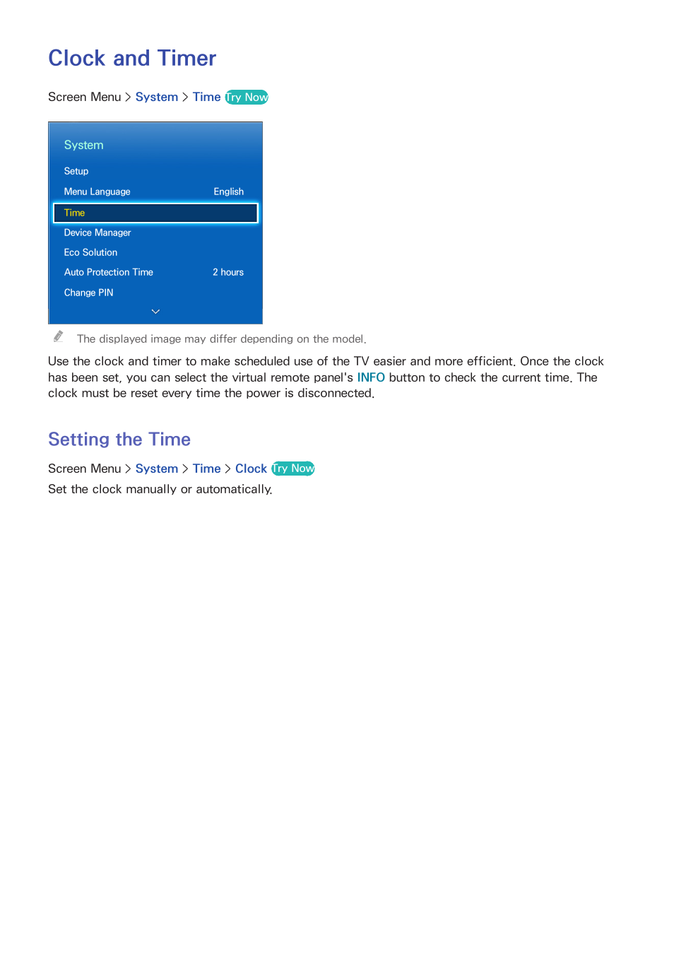 Clock and timer, 103 setting the time, Setting the time | Samsung PN51F8500AFXZA User Manual | Page 110 / 183