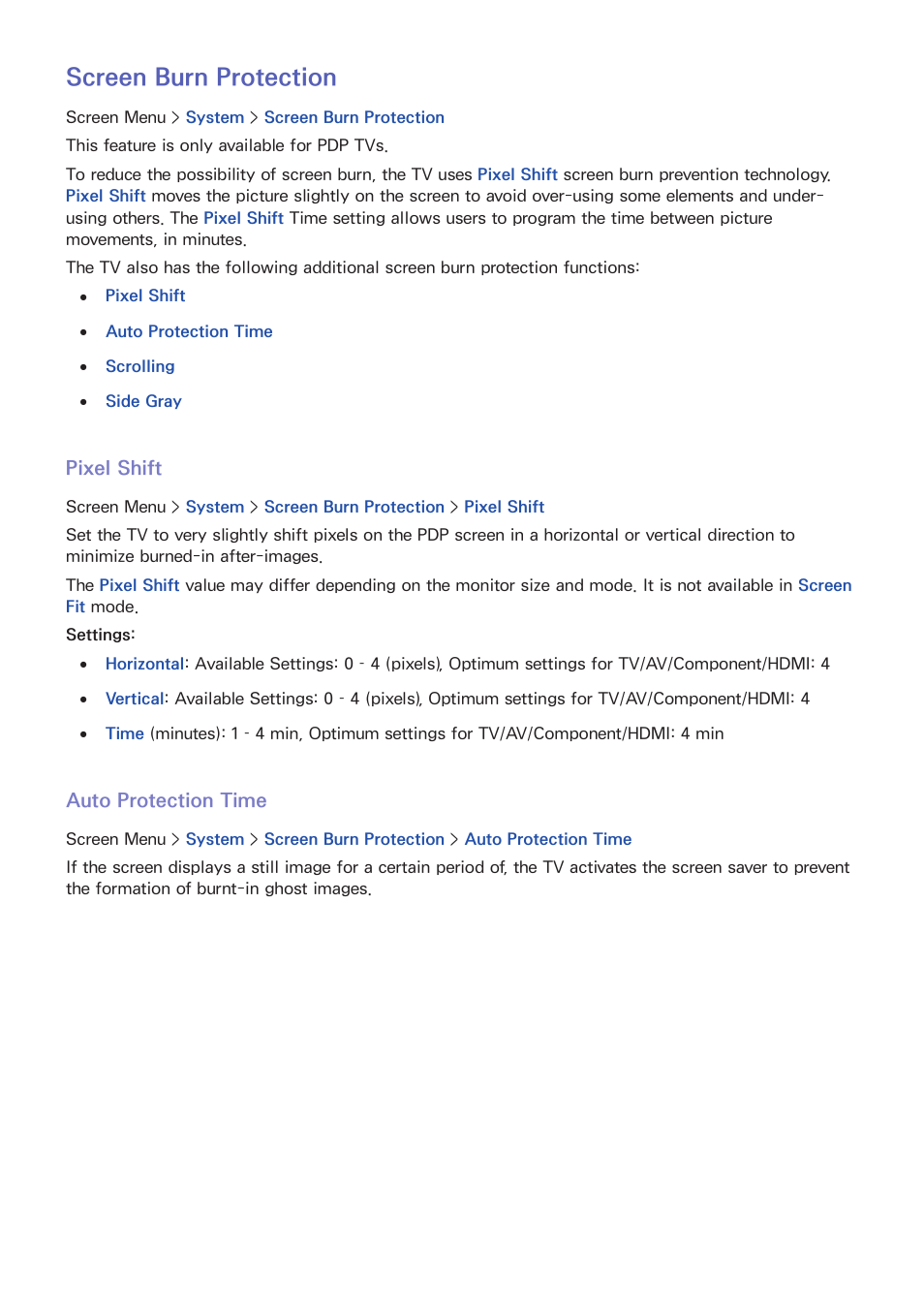 107 screen burn protection, 107 pixel shift, 107 auto protection time | Screen burn protection | Samsung PN51F8500AFXZA User Manual | Page 114 / 183