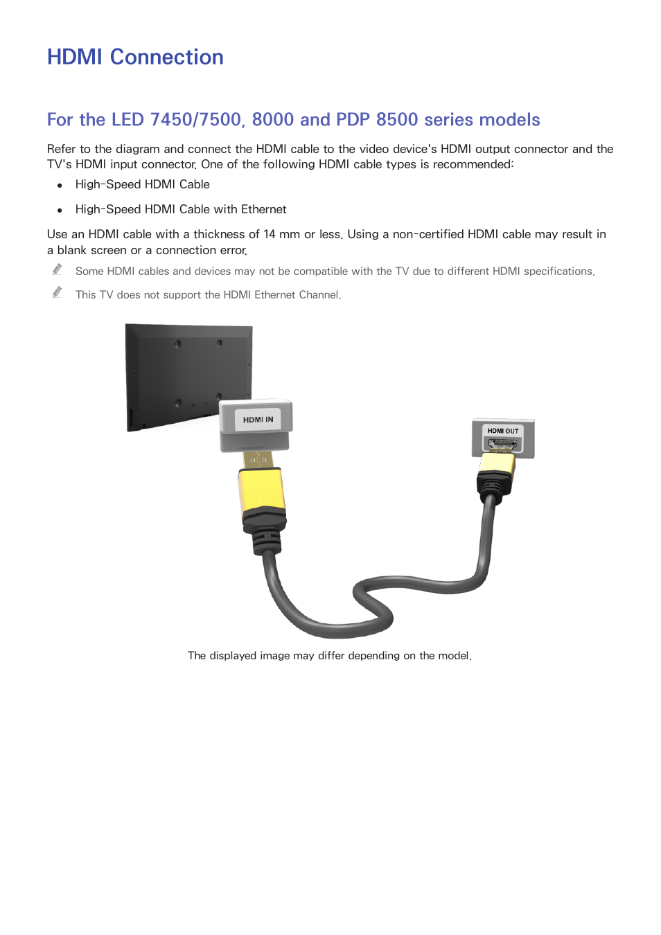 Hdmi connection, For the led 7450/7500, 8000 and pdp 8500 series, Models | Samsung PN51F8500AFXZA User Manual | Page 12 / 183