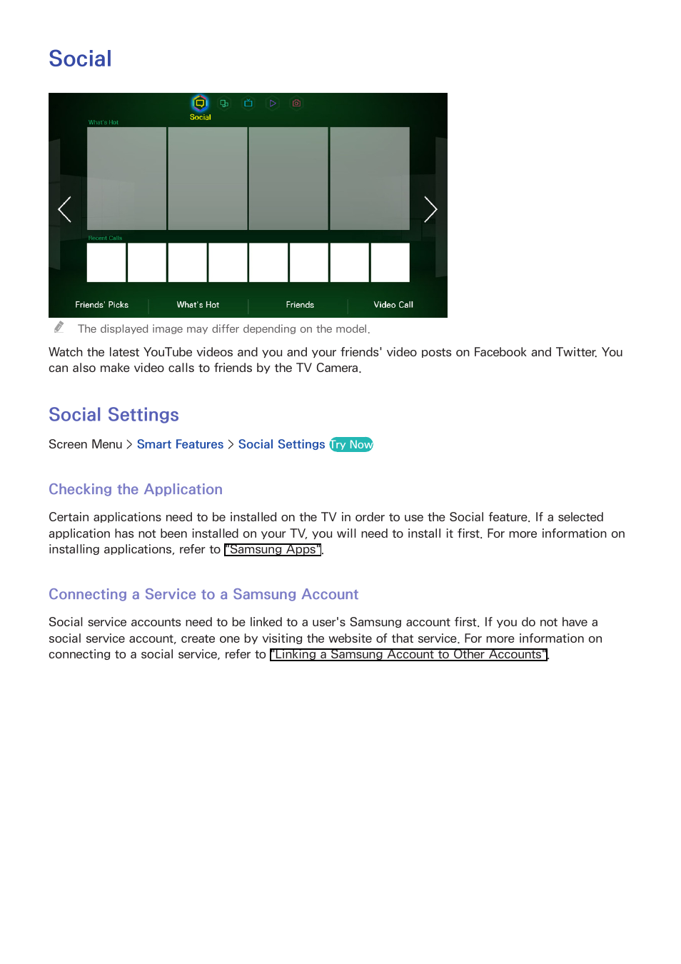 Social, 118 social settings, 118 checking the application | 118 connecting a service to a samsung account, Social settings | Samsung PN51F8500AFXZA User Manual | Page 125 / 183
