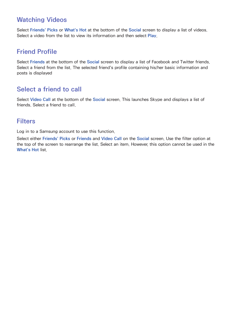 119 watching videos, 119 friend profile, 119 select a friend to call | 119 filters, Watching videos, Friend profile, Select a friend to call, Filters | Samsung PN51F8500AFXZA User Manual | Page 126 / 183