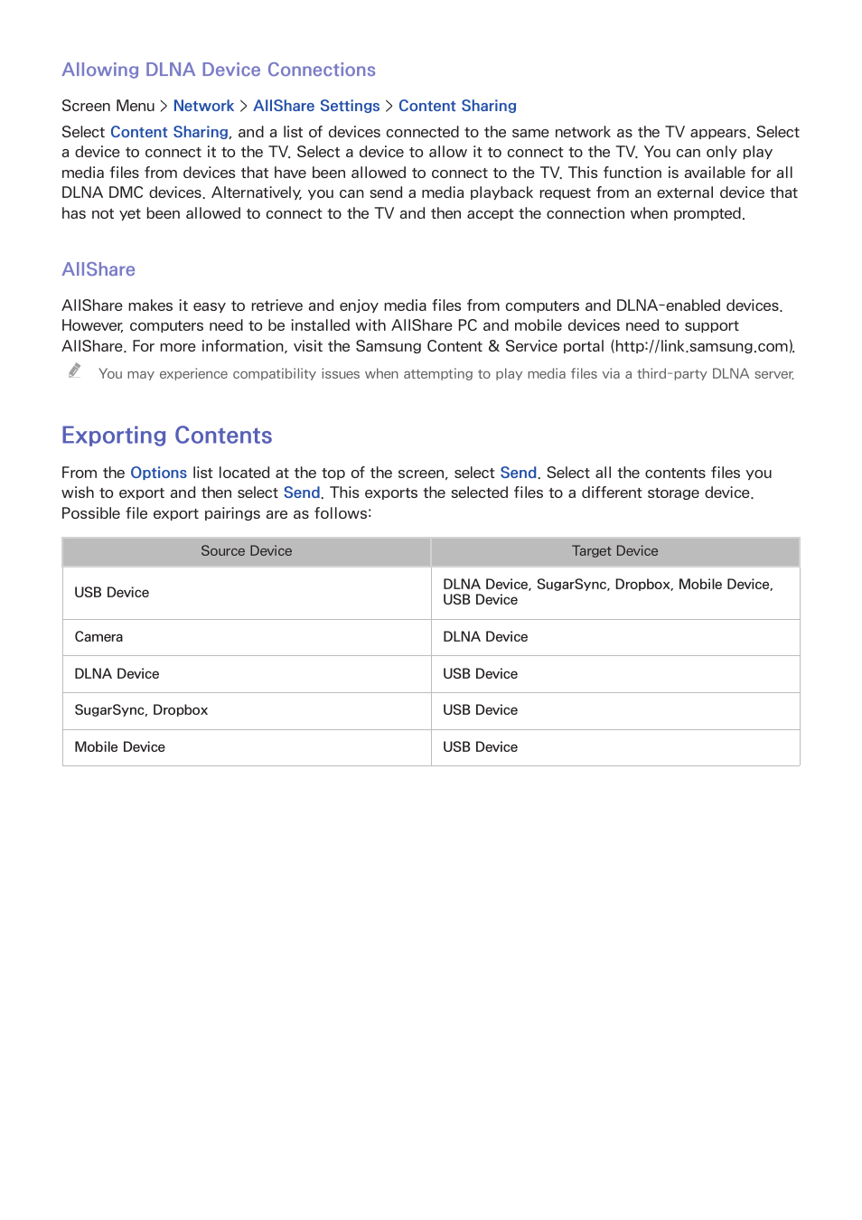 136 allowing dlna device connections, 136 allshare, 136 exporting contents | Exporting contents | Samsung PN51F8500AFXZA User Manual | Page 143 / 183