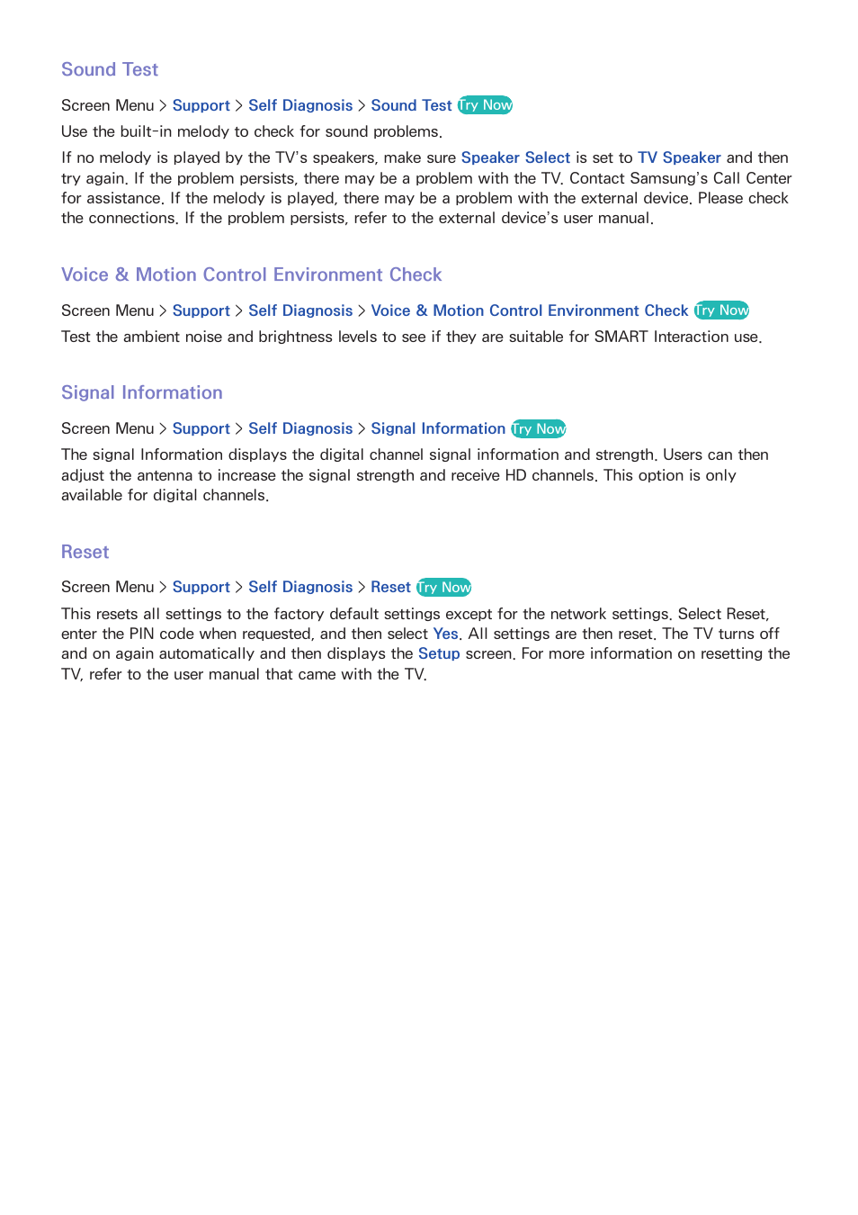 150 sound test, 150 voice & motion control environment check, 150 signal information | 150 reset | Samsung PN51F8500AFXZA User Manual | Page 157 / 183