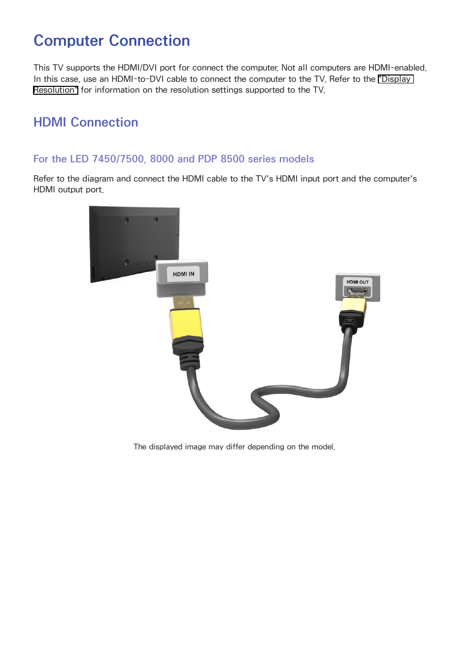 Computer connection, Hdmi connection | Samsung PN51F8500AFXZA User Manual | Page 25 / 183