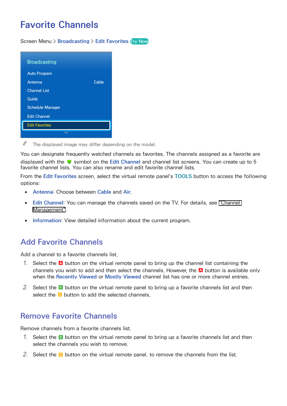 Favorite channels, 30 add favorite channels, 30 remove favorite channels | Add favorite channels, Remove favorite channels | Samsung PN51F8500AFXZA User Manual | Page 37 / 183