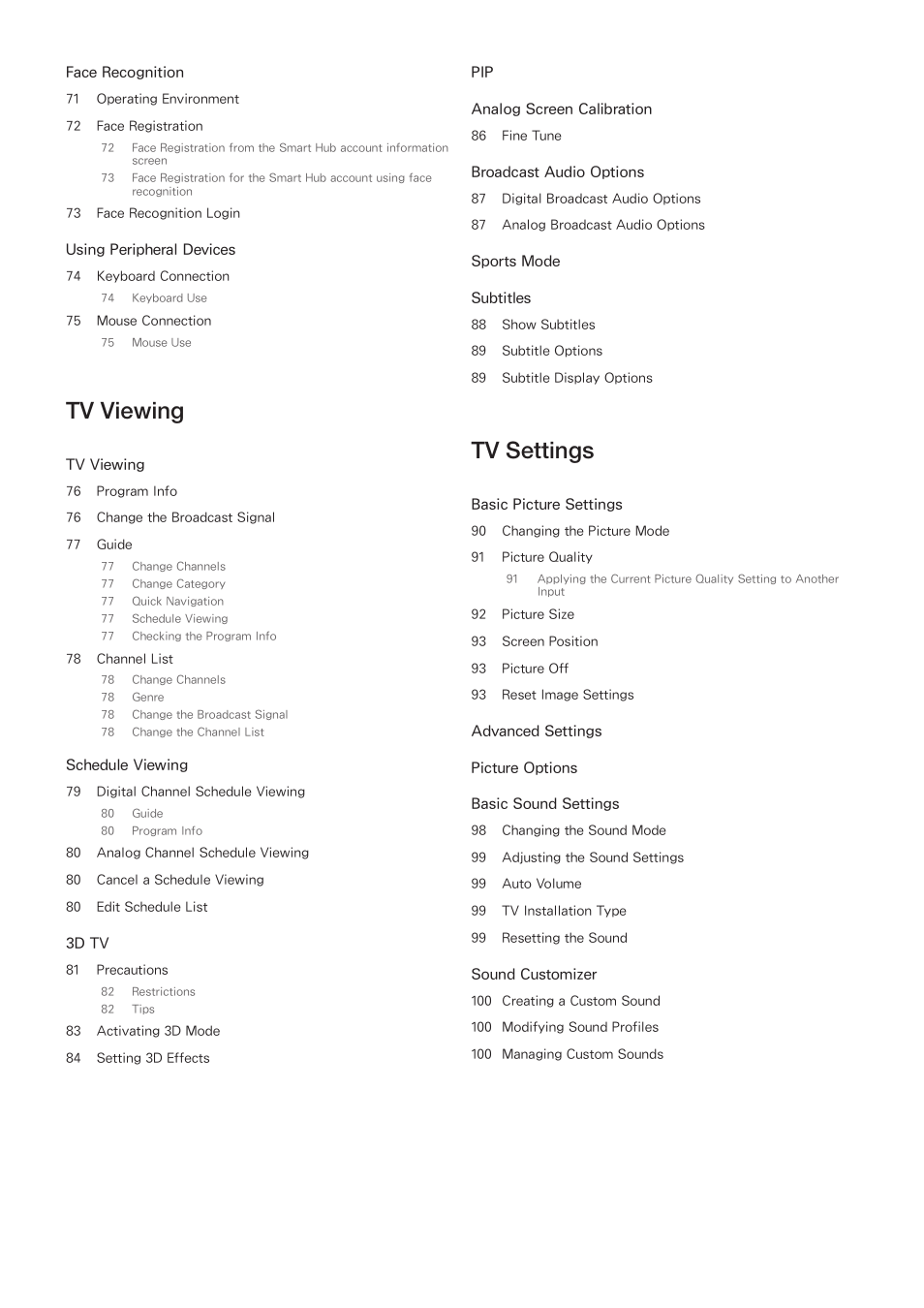 Tv viewing, Tv settings | Samsung PN51F8500AFXZA User Manual | Page 4 / 183