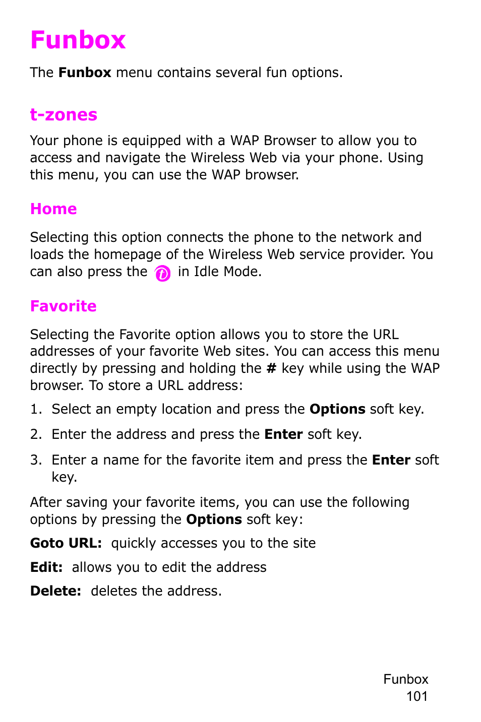 Funbox, T-zones, Enter the address and press the enter soft key | Samsung SGH-C225NBATMB User Manual | Page 101 / 162