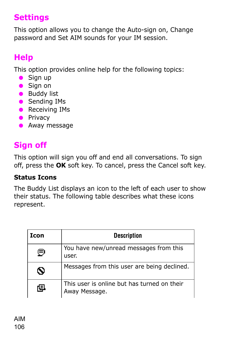 Settings, Help, Sign off | Samsung SGH-C225NBATMB User Manual | Page 106 / 162