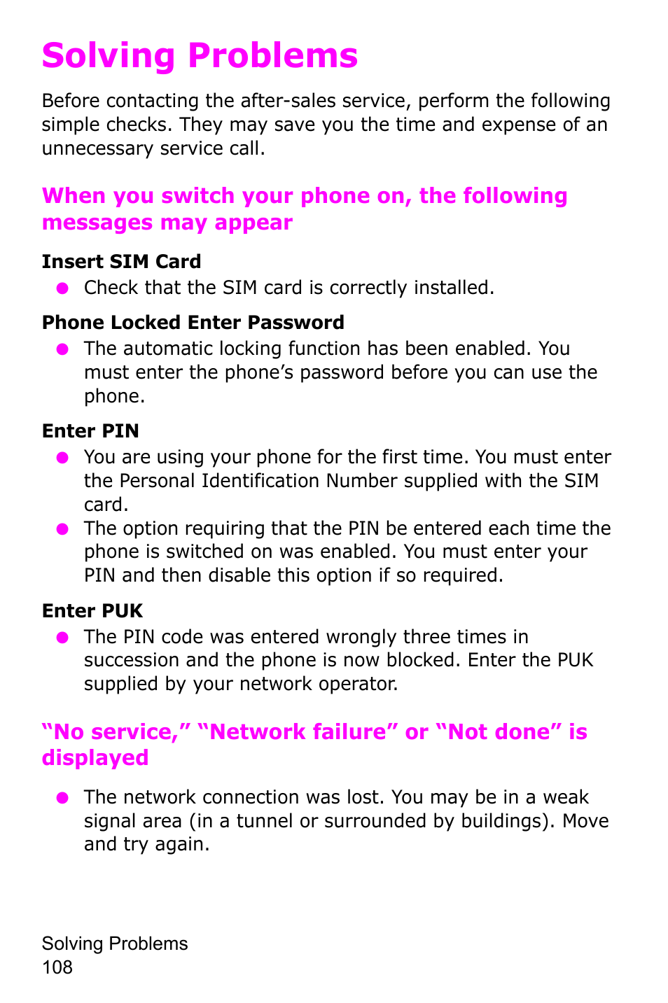 Solving problems | Samsung SGH-C225NBATMB User Manual | Page 108 / 162