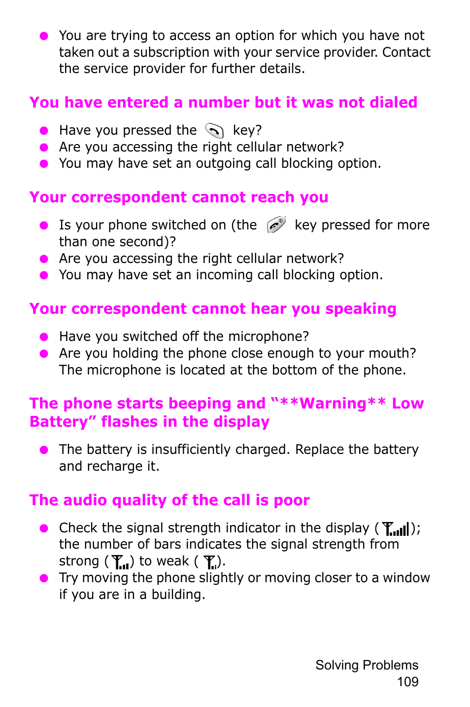 You have entered a number but it was not dialed, Your correspondent cannot reach you, Your correspondent cannot hear you speaking | The audio quality of the call is poor | Samsung SGH-C225NBATMB User Manual | Page 109 / 162