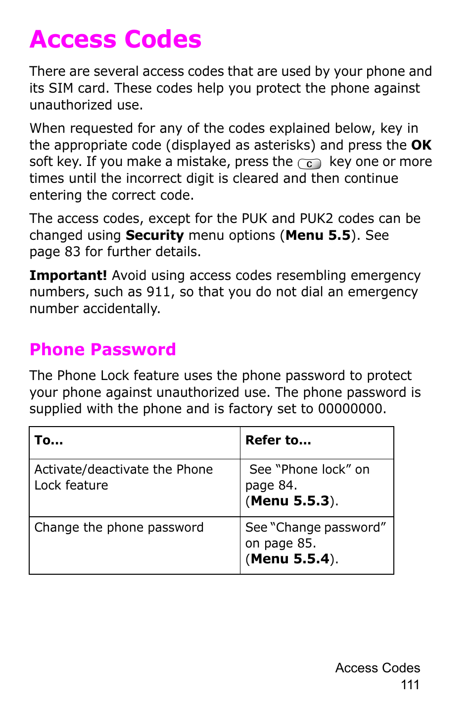 Access codes, Phone password | Samsung SGH-C225NBATMB User Manual | Page 111 / 162