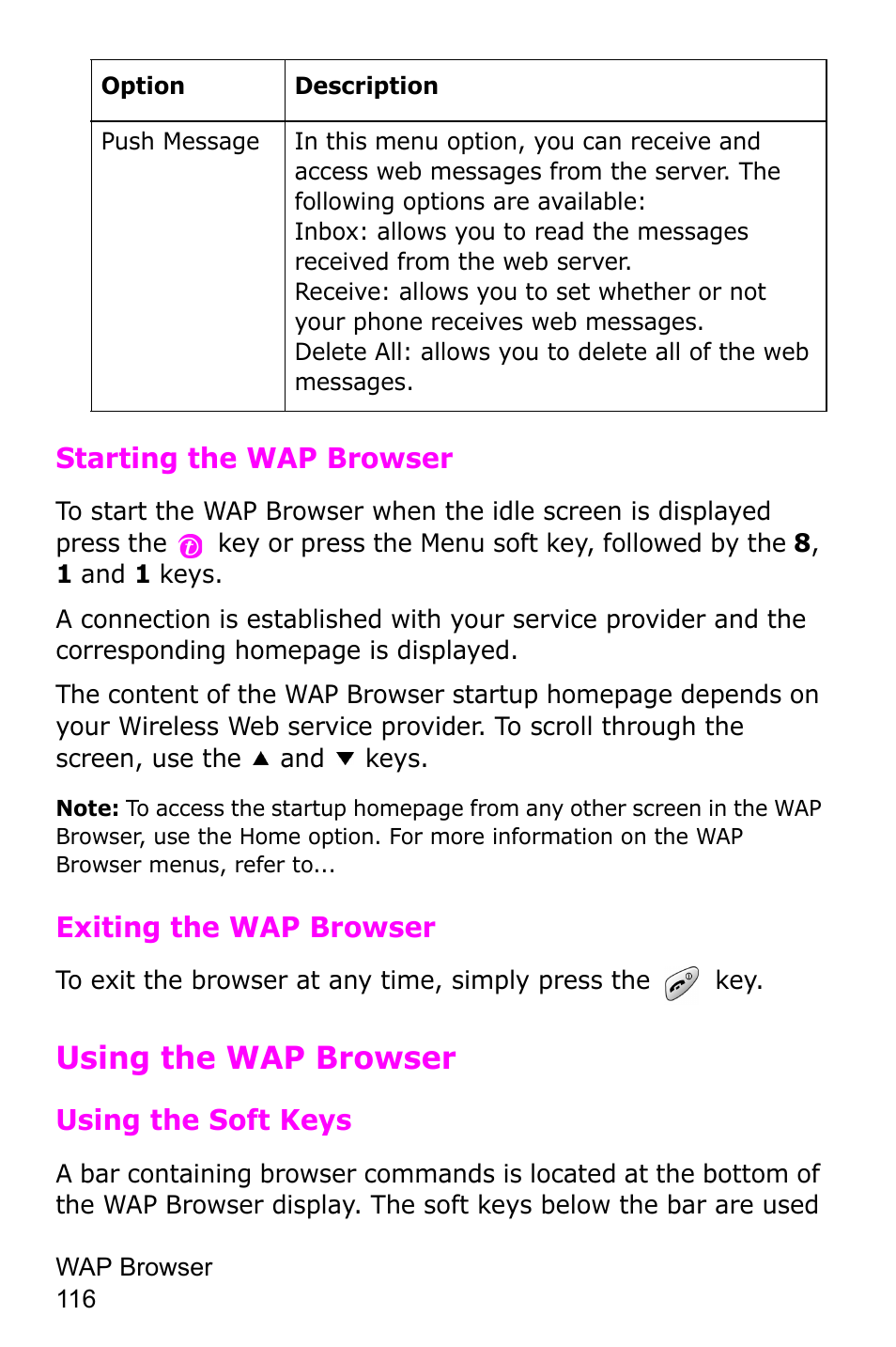 Using the wap browser | Samsung SGH-C225NBATMB User Manual | Page 116 / 162