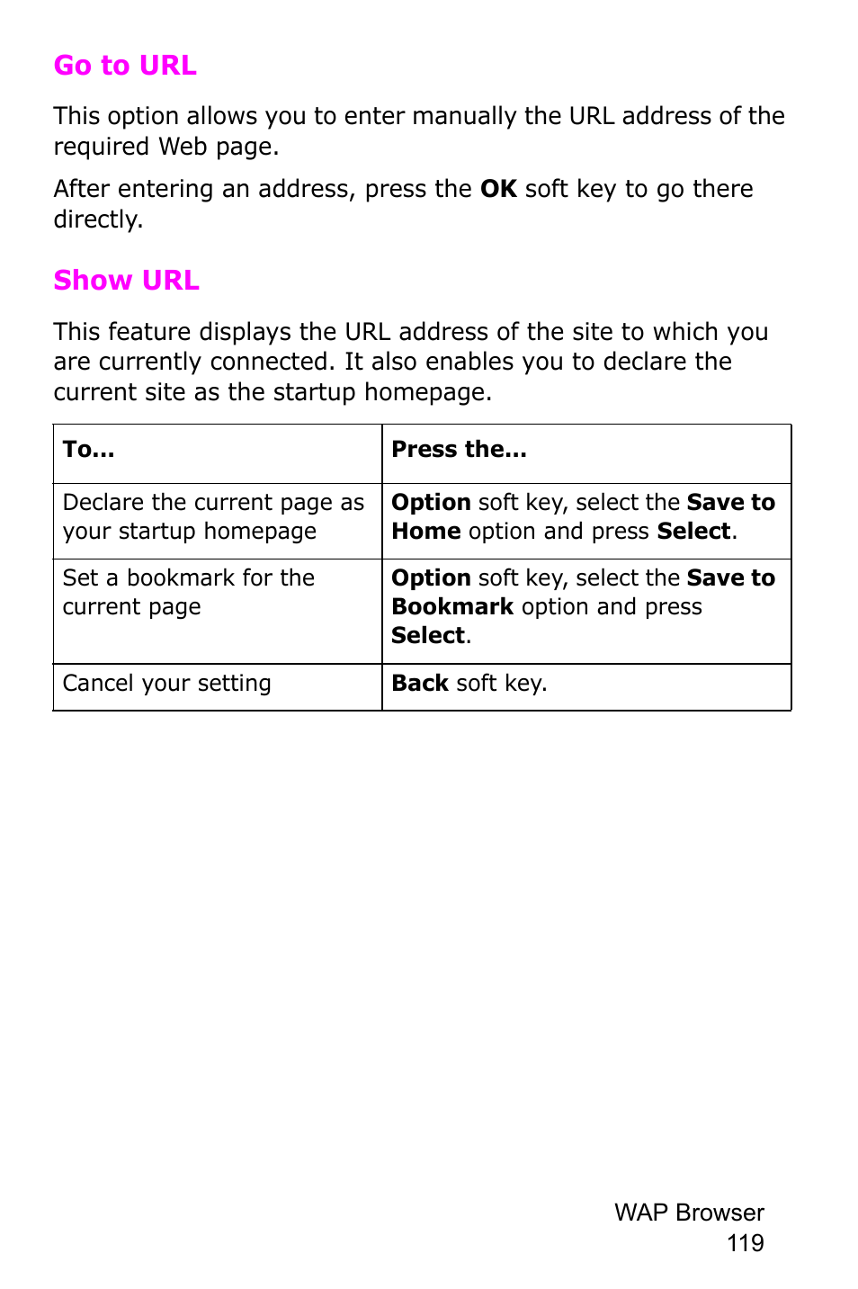 Go to url, Show url | Samsung SGH-C225NBATMB User Manual | Page 119 / 162