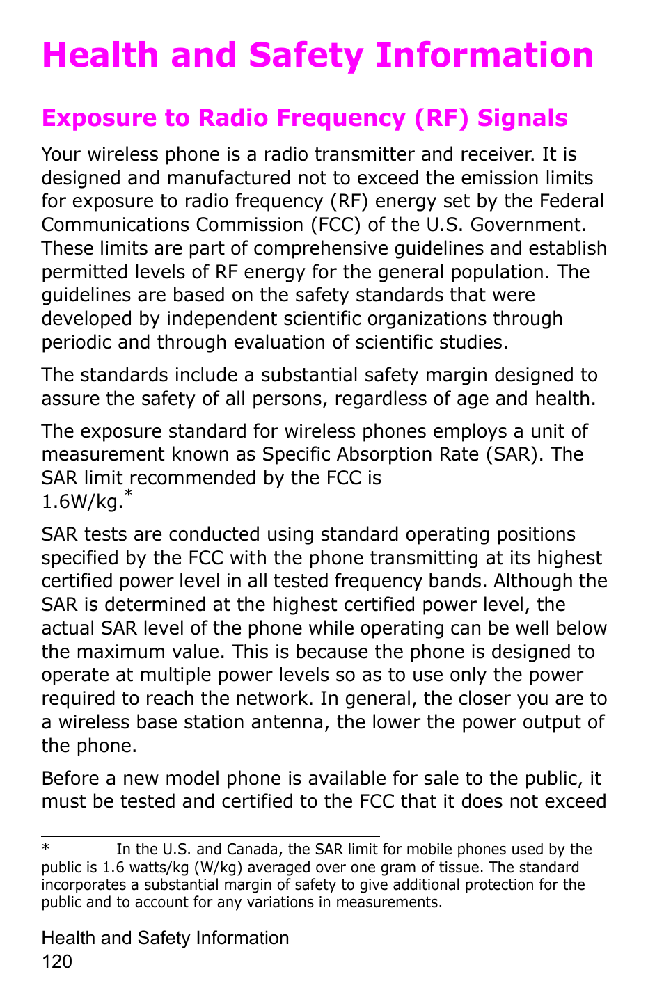 Health and safety information, Exposure to radio frequency (rf) signals | Samsung SGH-C225NBATMB User Manual | Page 120 / 162