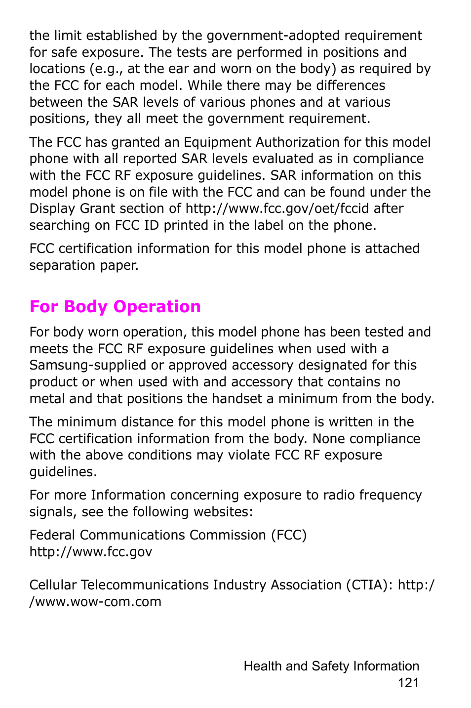 For body operation | Samsung SGH-C225NBATMB User Manual | Page 121 / 162