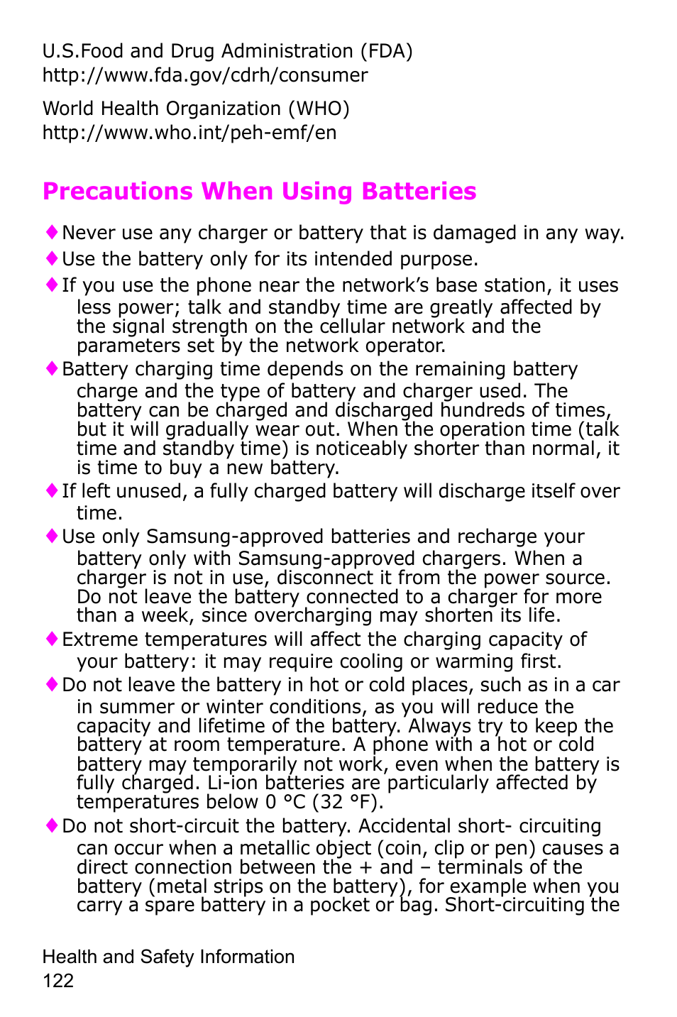 Precautions when using batteries | Samsung SGH-C225NBATMB User Manual | Page 122 / 162