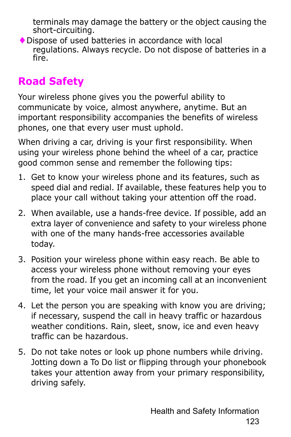 Road safety | Samsung SGH-C225NBATMB User Manual | Page 123 / 162